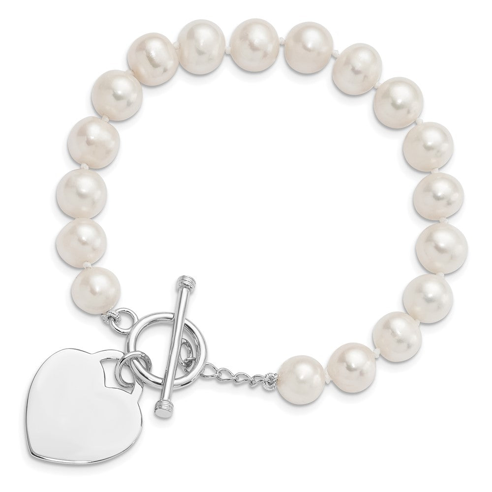 Sterling Silver Rhodium-plated 8-9mm White Near-Round Freshwater Cultured Pearl Heart Toggle 7.5 inch Bracelet QH5217-7.5