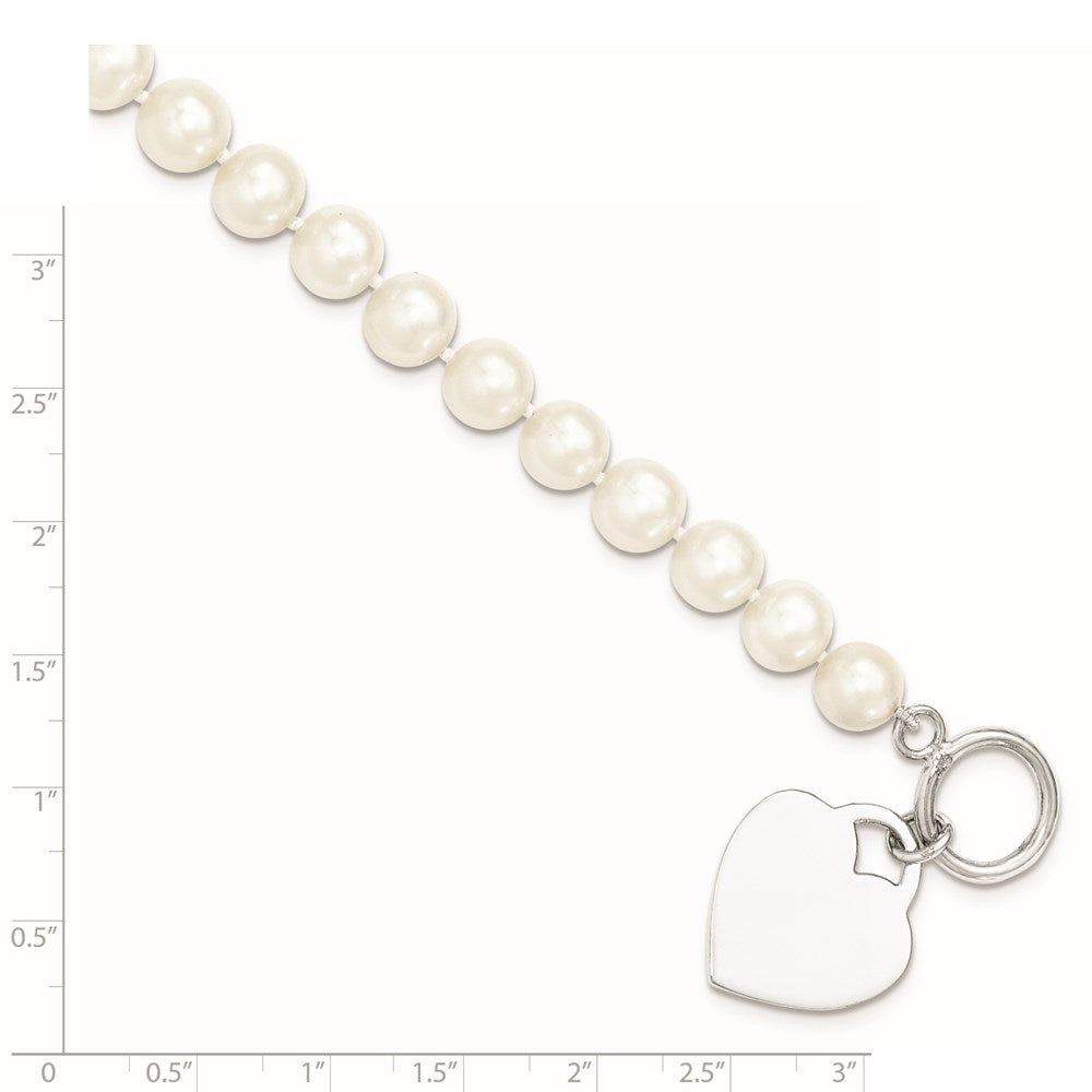 Sterling Silver Rhodium-plated 8-9mm White Near-Round Freshwater Cultured Pearl Heart Toggle 7.5 inch Bracelet QH5217-7.5