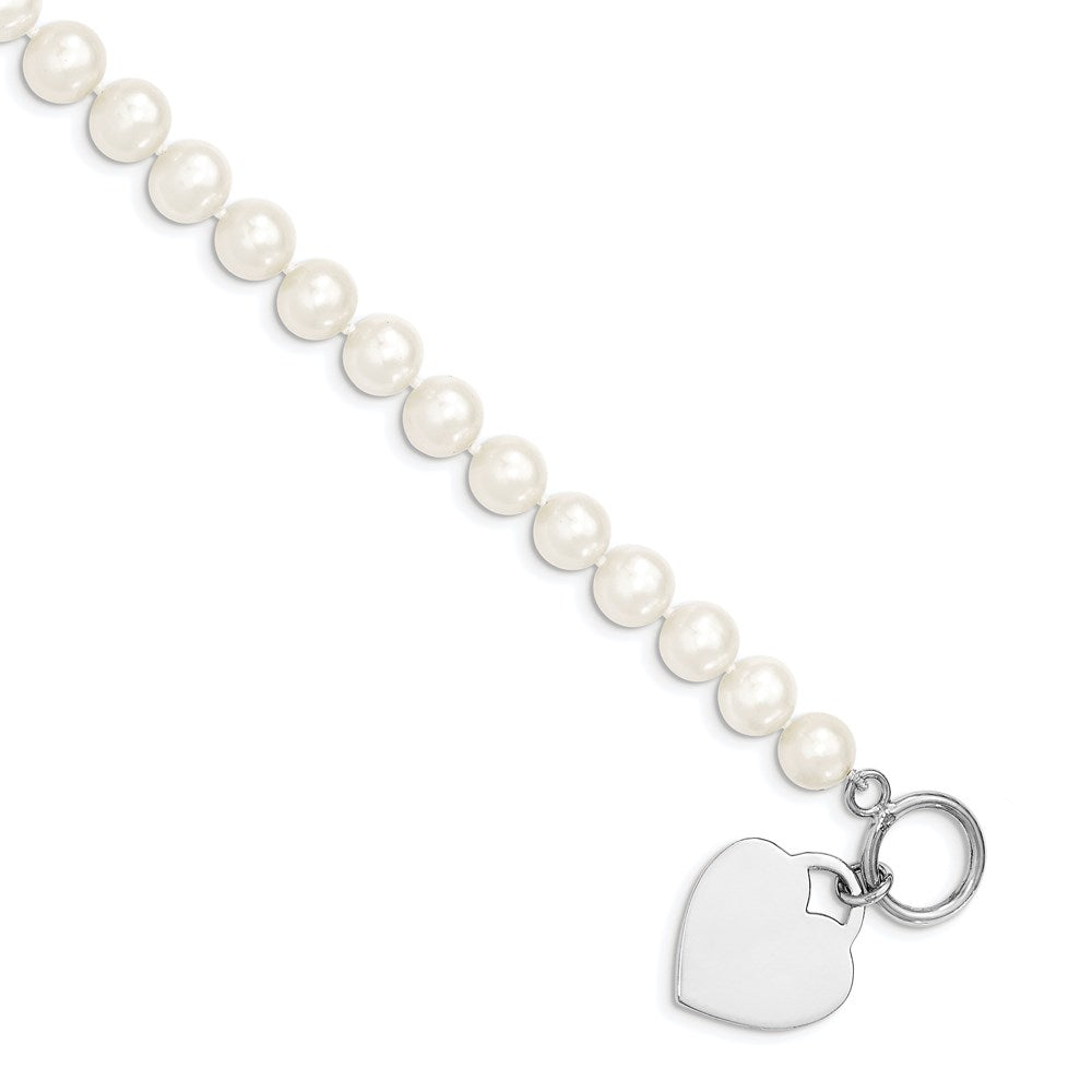 Sterling Silver Rhodium-plated 8-9mm White Near-Round Freshwater Cultured Pearl Heart Toggle 7.5 inch Bracelet QH5217-7.5