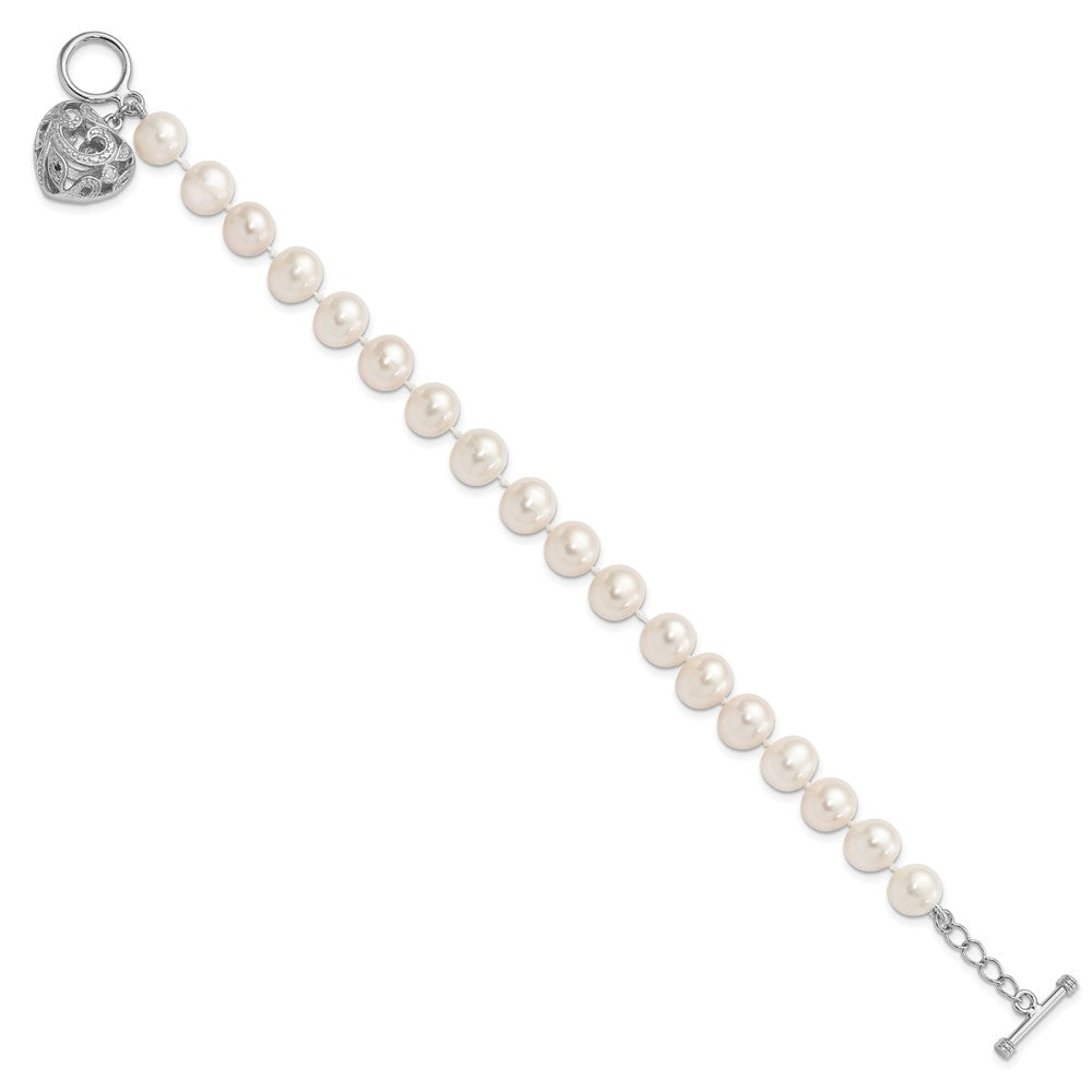 Sterling Silver Rhodium-plated 8-9mm White Near-Round Freshwater Cultured Pearl Heart Toggle 7.5 inch Bracelet QH5218-7.5