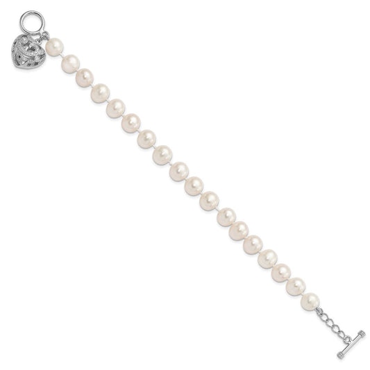 Sterling Silver Rhodium-plated 8-9mm White Near-Round Freshwater Cultured Pearl Heart Toggle 7.5 inch Bracelet QH5218-7.5