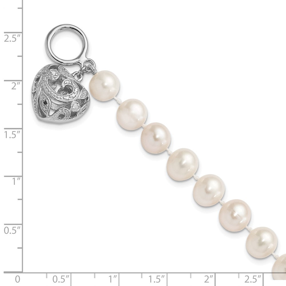 Sterling Silver Rhodium-plated 8-9mm White Near-Round Freshwater Cultured Pearl Heart Toggle 7.5 inch Bracelet QH5218-7.5