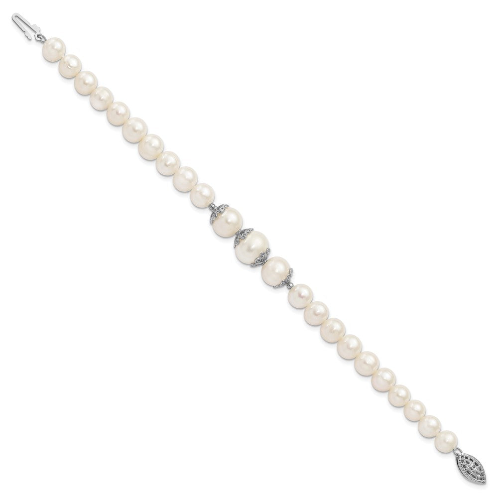 Sterling Silver Rhodium-plated 7-10mm White Near-Round Freshwater Cultured Pearl Fancy 7 inch Bracelet QH5219-7