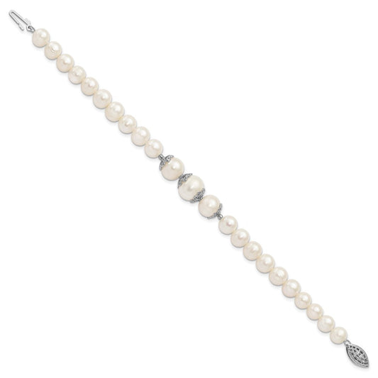 Sterling Silver Rhodium-plated 7-10mm White Near-Round Freshwater Cultured Pearl Fancy 7 inch Bracelet QH5219-7
