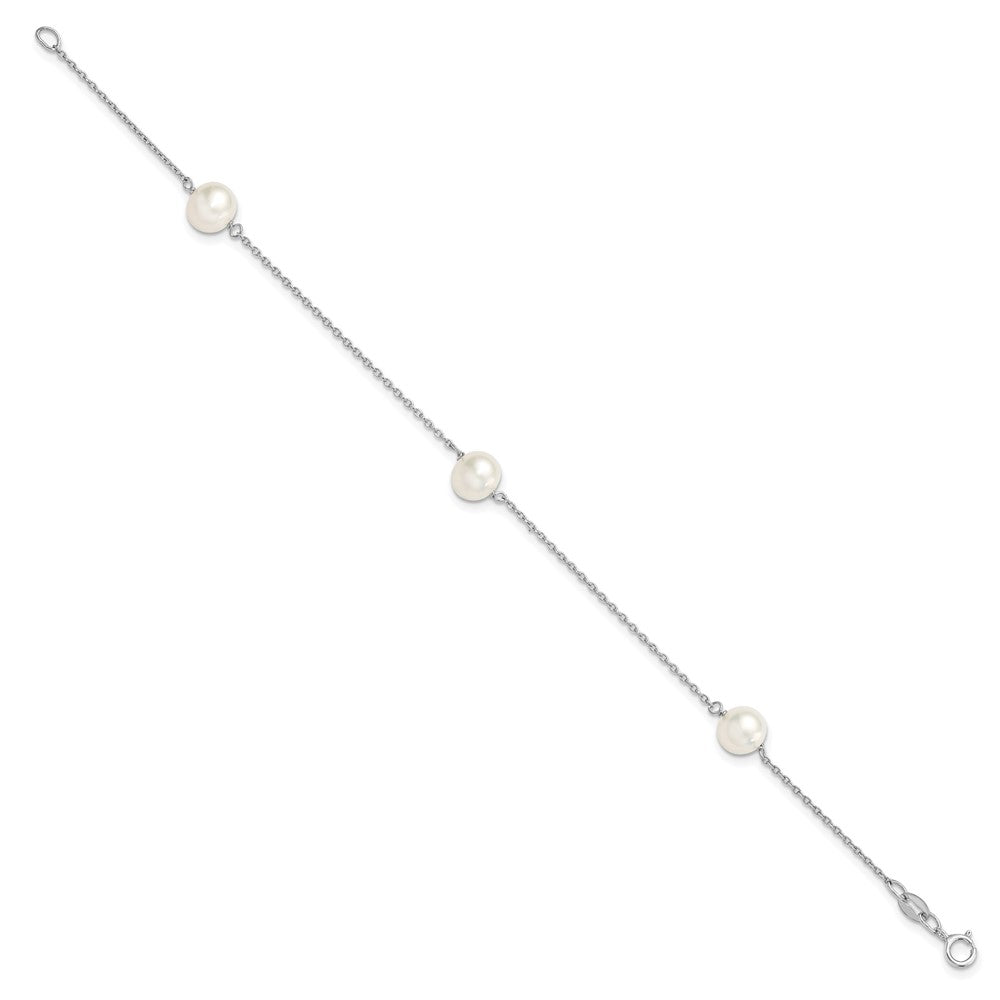 Sterling Silver Rhodium-plated 7-8mm White Semi-Round Freshwater Cultured Pearl 3-Station 7.5 inch Bracelet QH5236-7.5