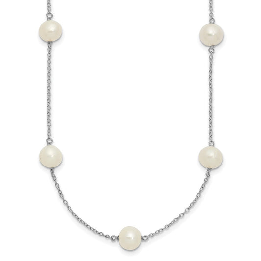 Sterling Silver Rhodium-plated 7-8mm White Near-Round Freshwater Cultured Pearl 9-Station 16 inch NecklaceQH5236