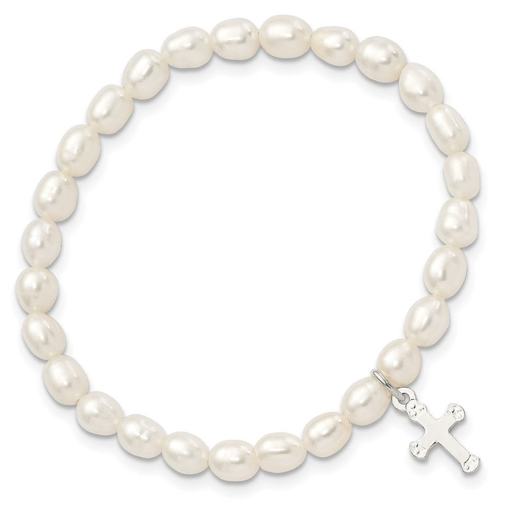 Sterling Silver Polished FWC Pearl & Cross Children's Stretch Bracelet QH5323