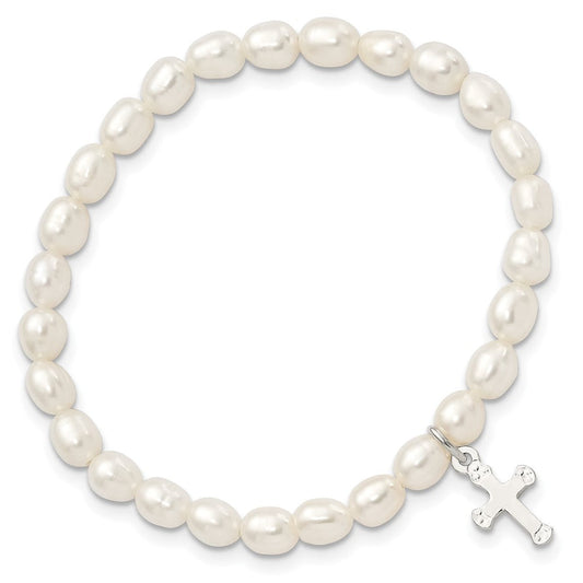 Sterling Silver Polished FWC Pearl & Cross Children's Stretch Bracelet QH5323
