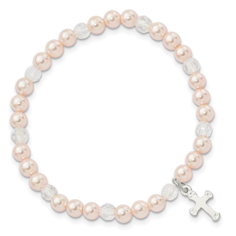 Sterling Silver Pink Shell Bead & Crystal Cross Children's Stretch Bracelet QH5324