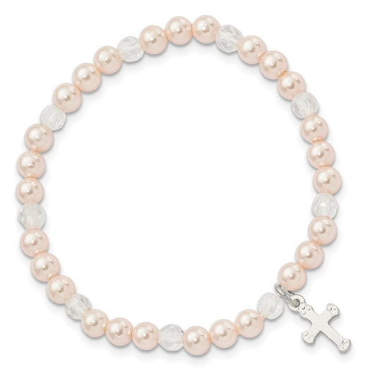 Sterling Silver Pink Shell Bead & Crystal Cross Children's Stretch Bracelet QH5324