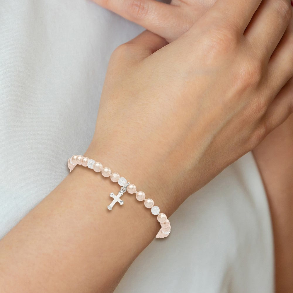 Sterling Silver Pink Shell Bead & Crystal Cross Children's Stretch Bracelet QH5324