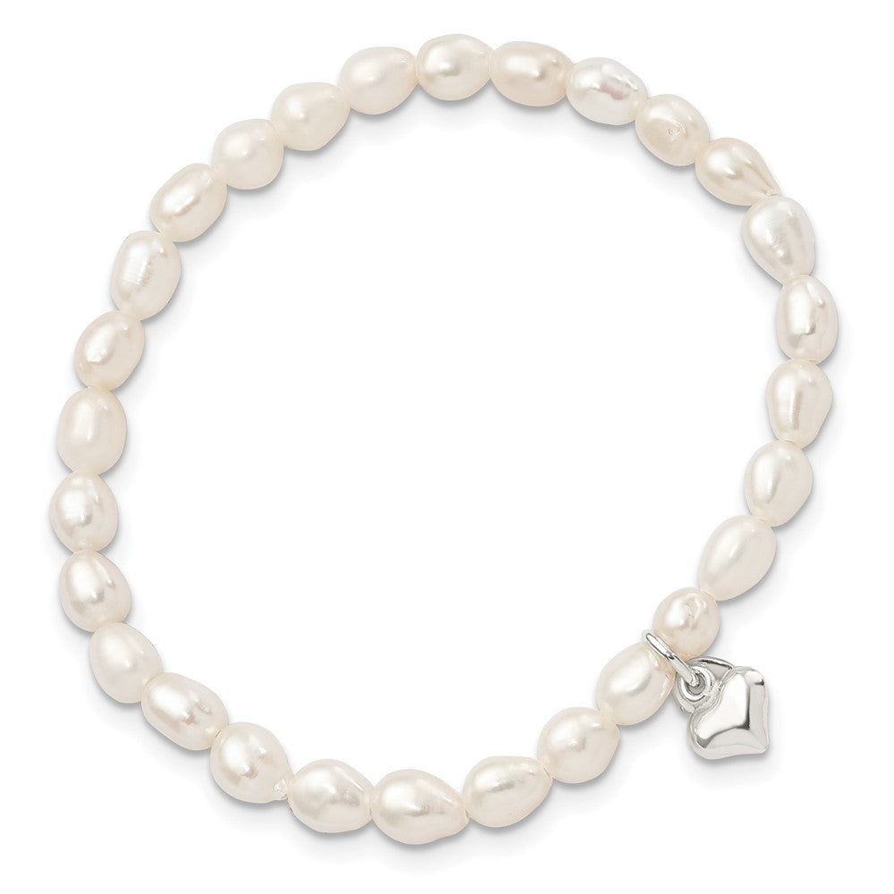 Sterling Silver Polished FWC Pearl & Heart Children's Stretch Bracelet QH5325