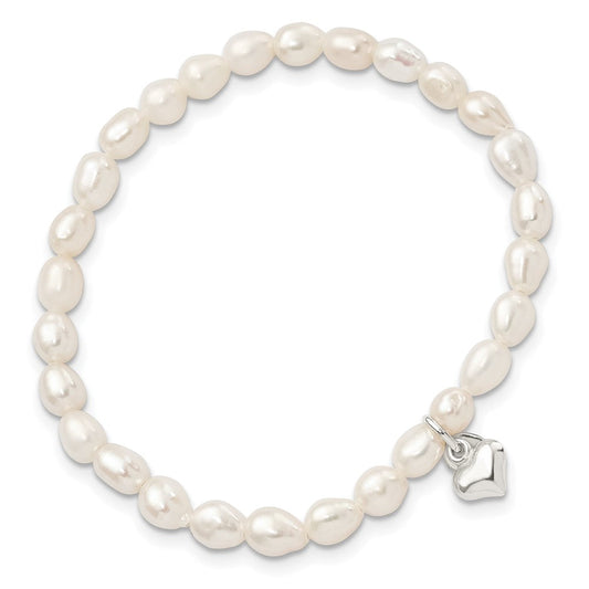 Sterling Silver Polished FWC Pearl & Heart Children's Stretch Bracelet QH5325
