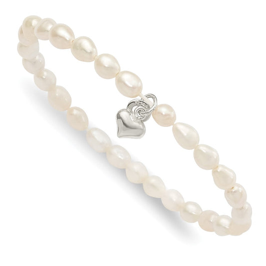 Sterling Silver Polished FWC Pearl & Heart Children's Stretch Bracelet QH5325