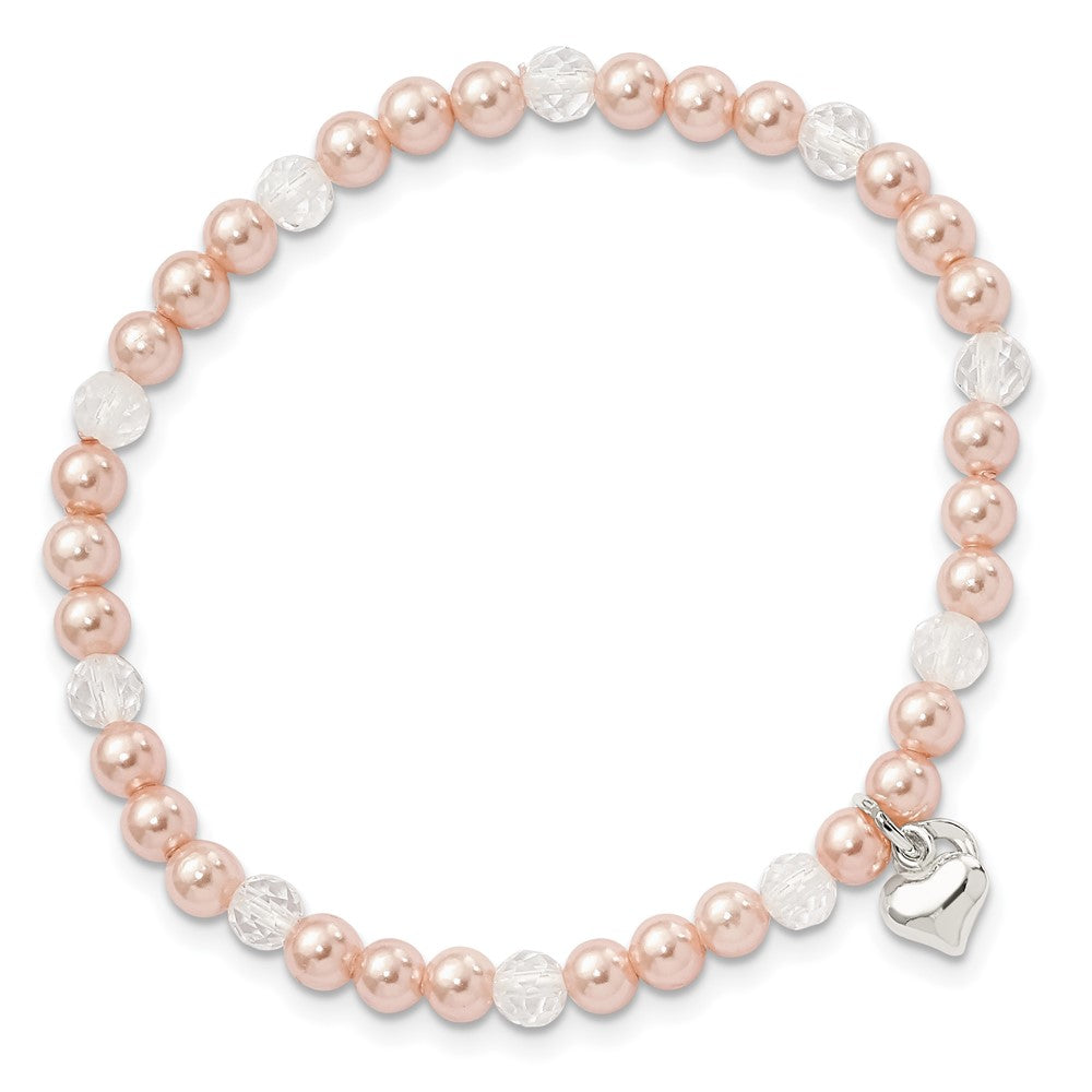 Sterling Silver Pink Shell Bead, Crystal & Heart Children's Stretch Bracele QH5326
