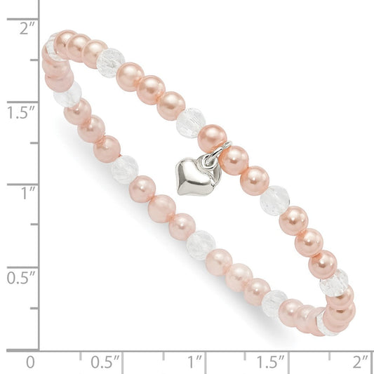 Sterling Silver Pink Shell Bead, Crystal & Heart Children's Stretch Bracele QH5326