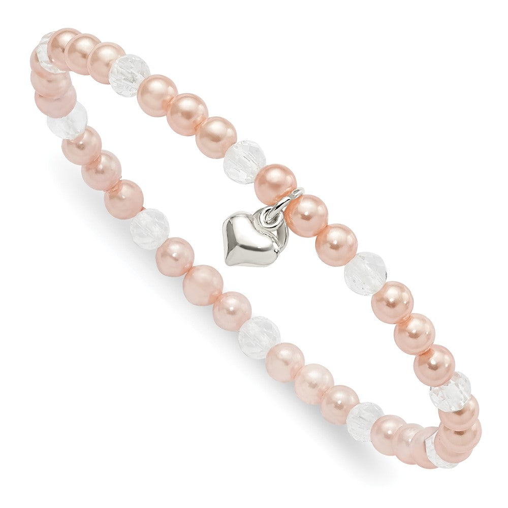 Sterling Silver Pink Shell Bead, Crystal & Heart Children's Stretch Bracele QH5326