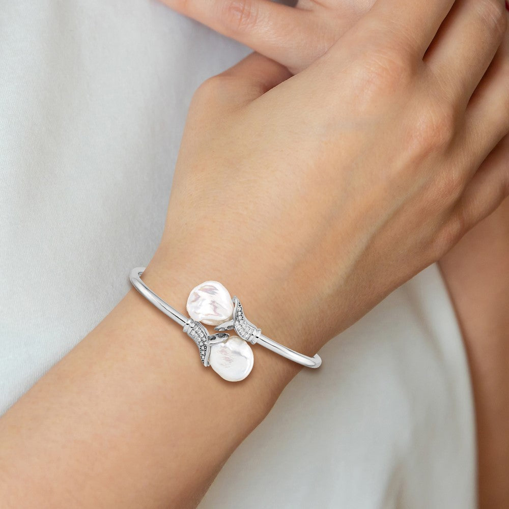 Sterling Silver Rhodium-plated 16-17mm White Keshi Freshwater Cultured Pearl and CZ Flexible Bangle QH5360