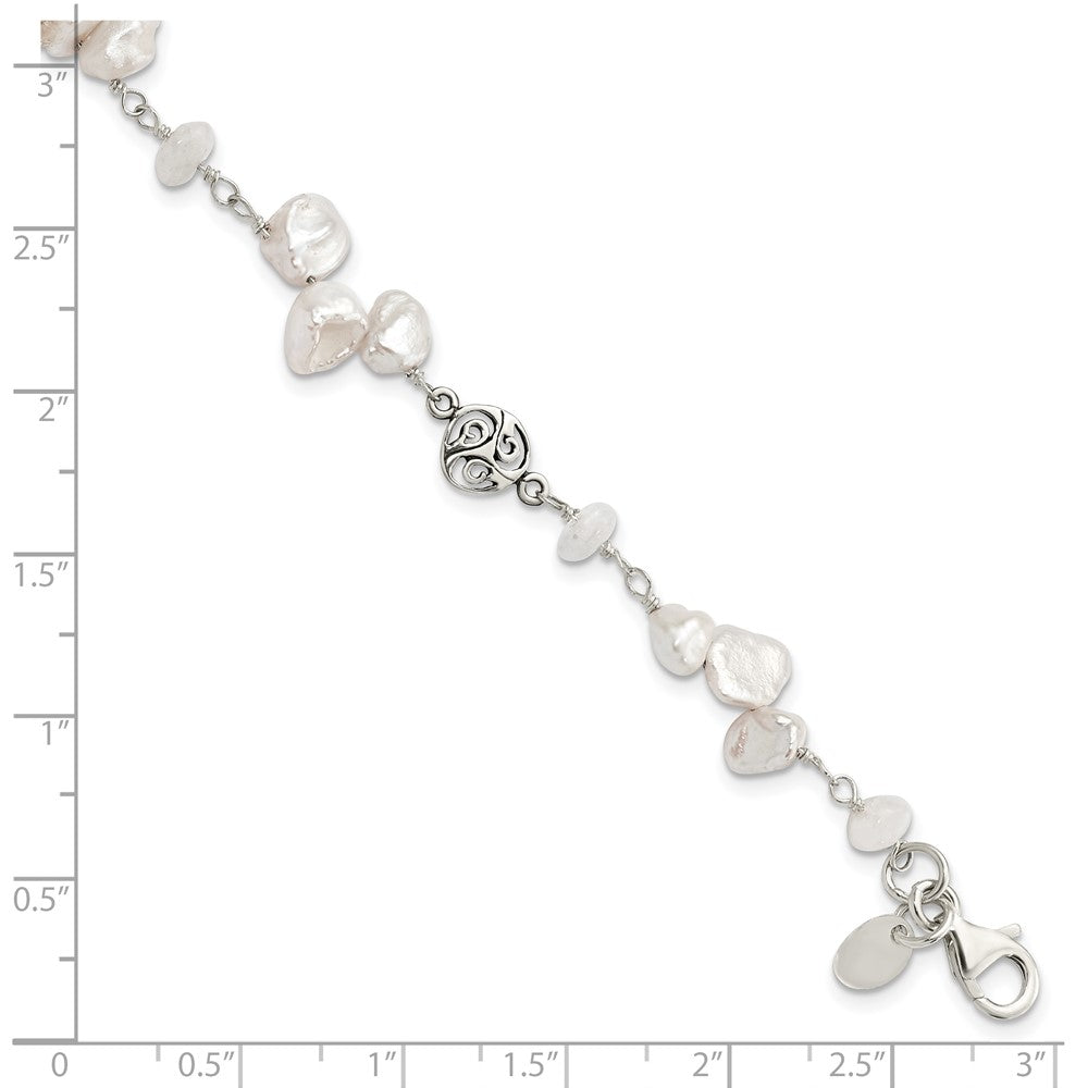 Sterling Silver FWC Keshi Pearl w/Moonstone 1in Ext. Fancy Bracelet QH5361-7.5