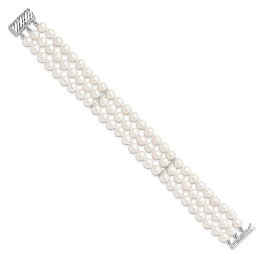 Sterling Silver Rhodium-plated 6-7mm White Near-Round Freshwater Cultured Pearl 3-Strand 7.5 inch Bracelet QH5365-7.5