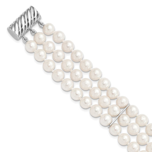 Sterling Silver Rhodium-plated 6-7mm White Near-Round Freshwater Cultured Pearl 3-Strand 7.5 inch Bracelet QH5365-7.5