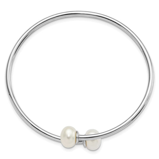 Sterling Silver Rhodium-plated 9-10mm White Freshwater Cultured Pearl Flexible Cuff Bangle QH5368