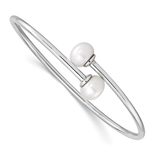Sterling Silver Rhodium-plated 9-10mm White Freshwater Cultured Pearl Flexible Cuff Bangle QH5368