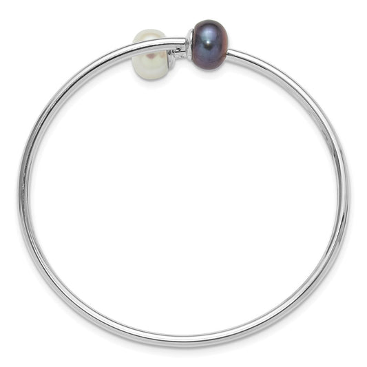Sterling Silver Rhodium-plated 9-10mm Black and White Freshwater Cultured Pearl Flexible Cuff Bangle QH5368BW