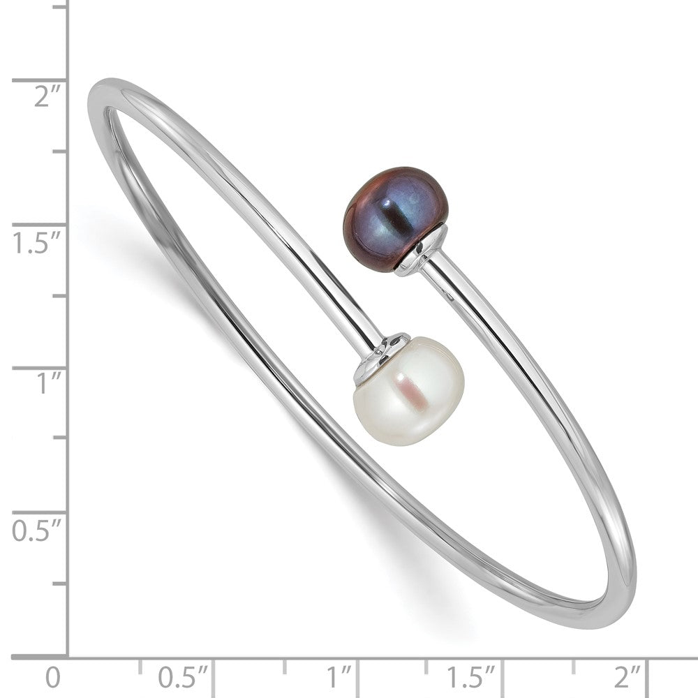 Sterling Silver Rhodium-plated 9-10mm Black and White Freshwater Cultured Pearl Flexible Cuff Bangle QH5368BW