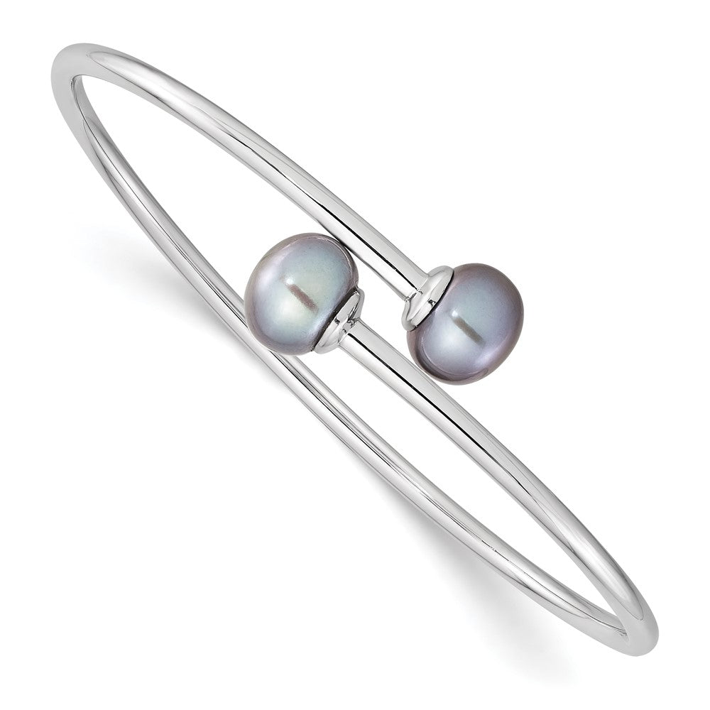 Sterling Silver Rhodium-plated 9-10mm Grey Button Freshwater Cultured Pearl Flexible Cuff Bangle QH5368G