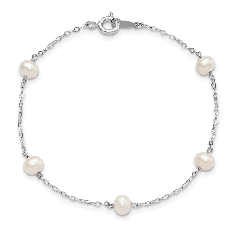 Sterling Silver Rhodium-plated 4-5mm White Semi-Round Freshwater Cultured Pearl 5-Station 7 inch Bracelet QH5370-7