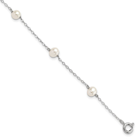 Sterling Silver Rhodium-plated 4-5mm White Semi-Round Freshwater Cultured Pearl 5-Station 7 inch Bracelet QH5370-7