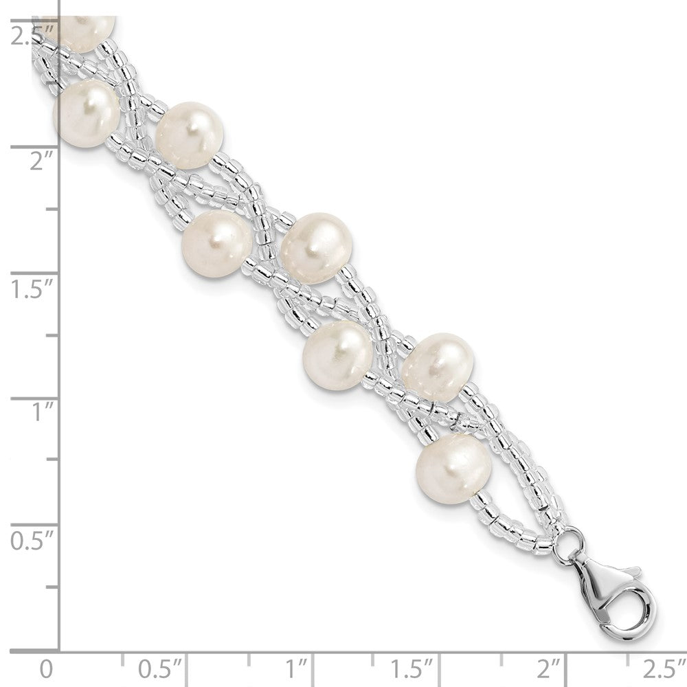 Sterling Silver Rhodium-plated 7-9mm White Semi-Round Freshwater Cultured Pearl and Glass Beaded Multi-strand 7.5 inch Bracelet QH5395-7.5