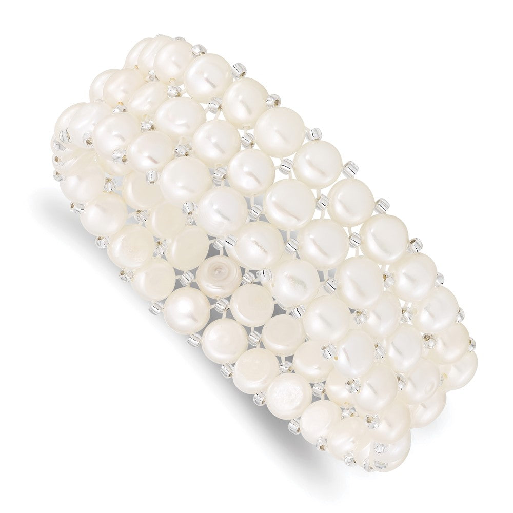 6-7mm White Button Freshwater Cultured Pearl and Glass Beaded 3-row Stretch Bracelet QH5396