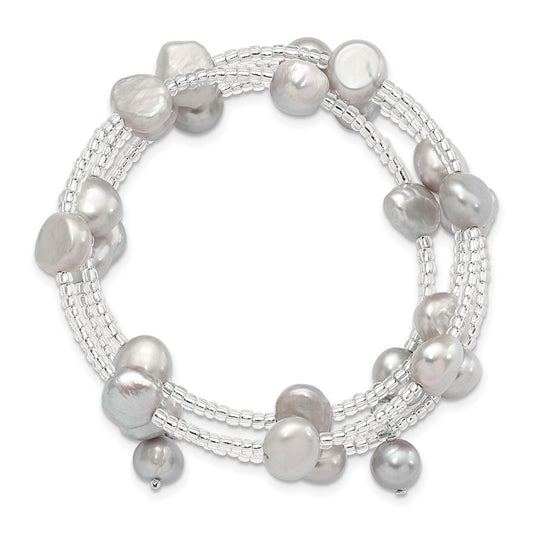8-9mm Grey Baroque Freshwater Cultured Pearl and Glass Beaded Wrap Bracelet QH5414