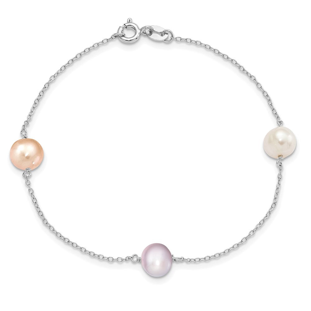 Sterling Silver Rhodium-plated 7-8mm White, Pink and Purple Semi-Round Freshwater Cultured Pearl 3-Station 7.5 inch Bracelet QH5419-7.5