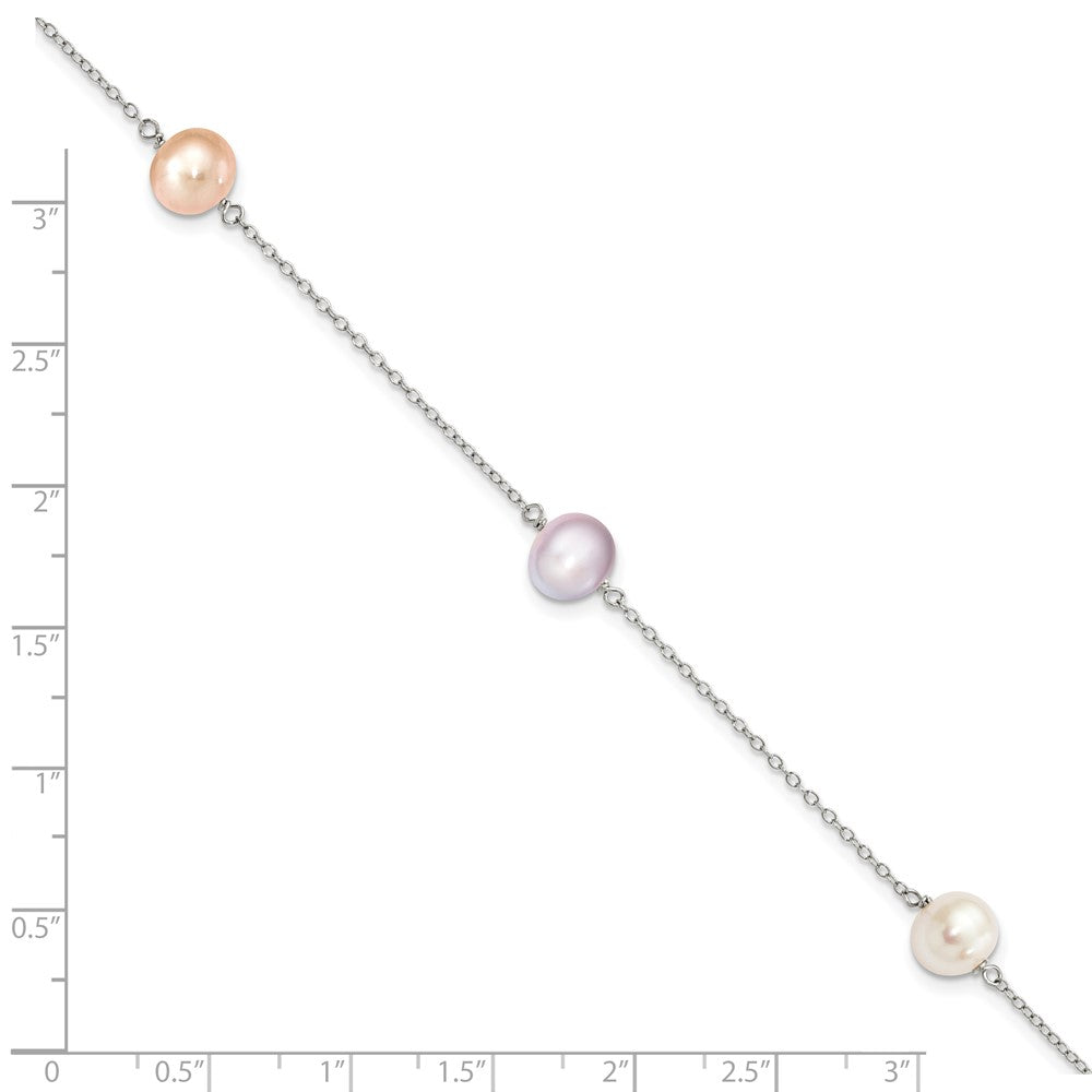 Sterling Silver Rhodium-plated 7-8mm White, Pink and Purple Semi-Round Freshwater Cultured Pearl 3-Station 7.5 inch Bracelet QH5419-7.5