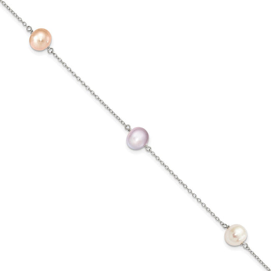 Sterling Silver Rhodium-plated 7-8mm White, Pink and Purple Semi-Round Freshwater Cultured Pearl 3-Station 7.5 inch Bracelet QH5419-7.5