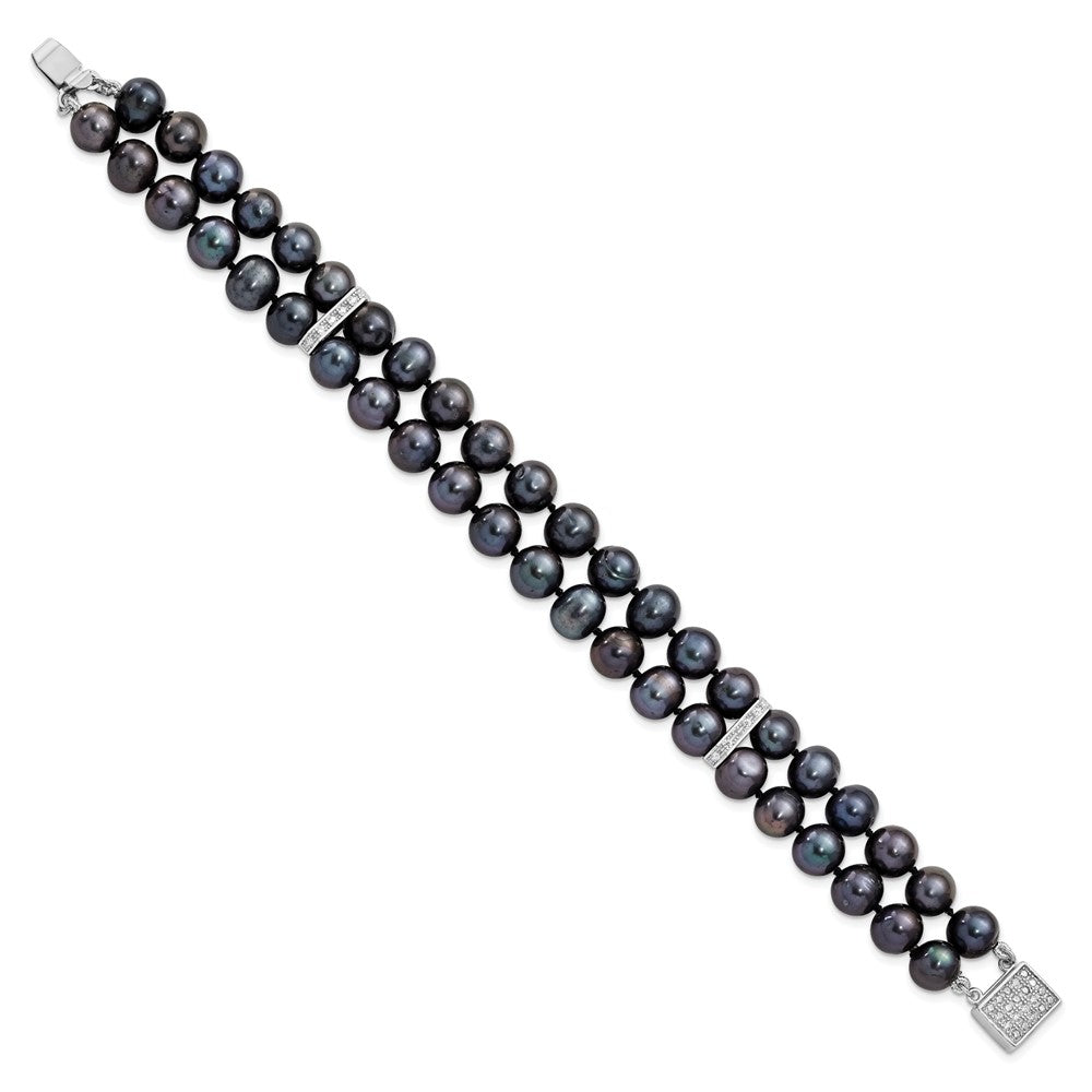 Sterling Silver Rhodium-plated 7-8mm Black Near-Round Freshwater Cultured Pearl and CZ 2-strand 7.5 inch Bracelet QH5420-7.5
