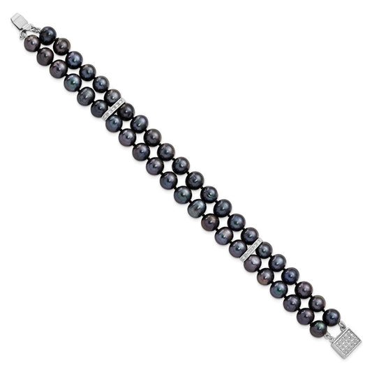 Sterling Silver Rhodium-plated 7-8mm Black Near-Round Freshwater Cultured Pearl and CZ 2-strand 7.5 inch Bracelet QH5420-7.5