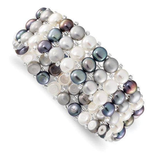 6-7mm Button Black, Grey and White Freshwater Cultured Pearl and Glass Beaded 3-row Stretch Bracelet QH5424