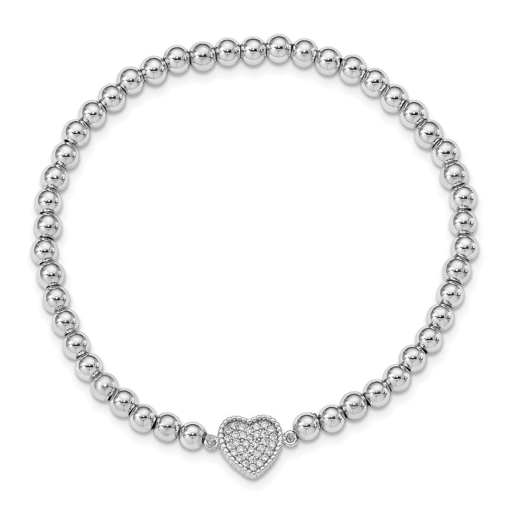 Sterling Silver Rhodium-plated Polished Beaded CZ Heart Stretch Bracelet QH5453