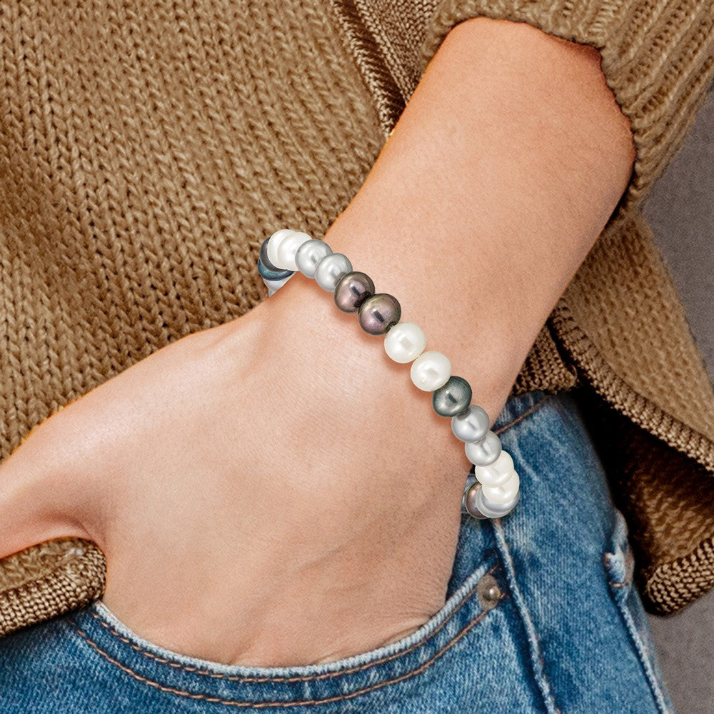 6-7mm Black, Grey and White Semi-Round Freshwater Cultured Pearl Stretch Bracelet QH5466