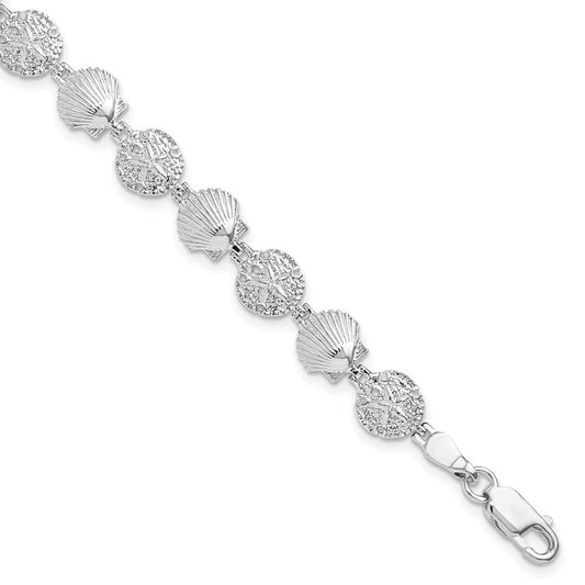 De-Ani Sterling Silver Rhodium-plated Polished Sand Dollar and Shell 7.25 inch Bracelet QH5592-7.25