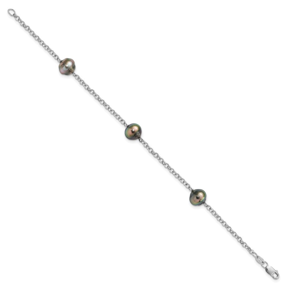 Sterling Silver Rhodium-plated 8-9mm Black Baroque Tahitian Saltwater Cultured Pearl 3-Station 7.5 inch Bracelet QH5622-7.5