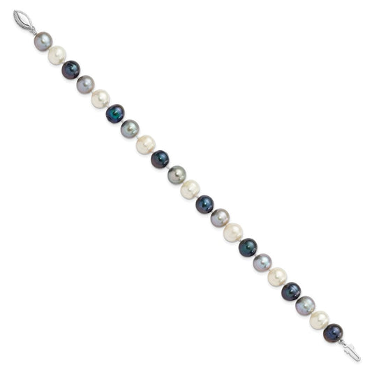 Sterling Silver Rhodium-plated 8-9mm Black, Green and White Semi-Round Freshwater Cultured Pearl 7.5 inch Bracelet QH5633-7.5