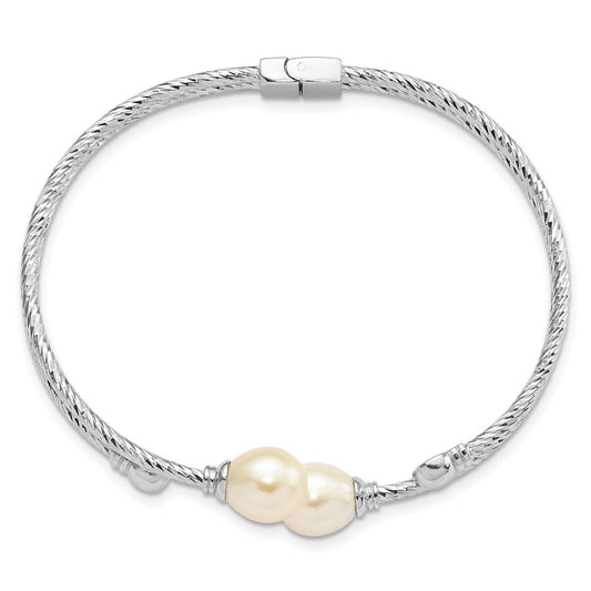 Sterling Silver Rhodium-plated White 8x10mm Teardrop Freshwater Cultured Pearl Hinged Bangle QH5644
