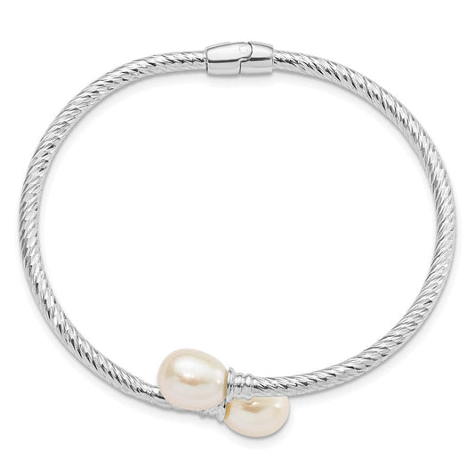 Sterling Silver Rhodium-plated 8-9mm White Rice Freshwater Cultured Pearl Hinged Bangle QH5645