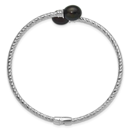 Sterling Silver Rhodium-plated 8-9mm Black Rice Freshwater Cultured Pearl Hinged Bangle QH5645B