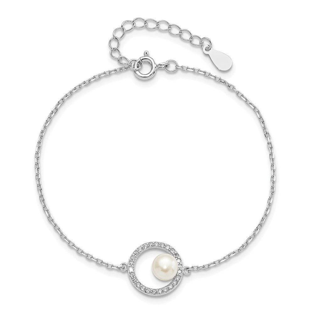 Sterling Silver Rhodium-plated 6-7mm White Button Freshwater Cultured Pearl and CZ 6.5 inch  with 1.25 inch Extension Bracelet QH5652-6.5